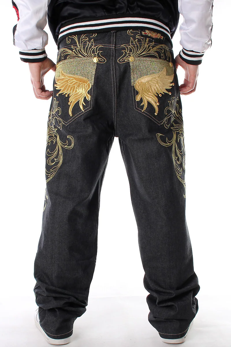 Black Plus Fat Plus Size Embroidered Trousers Hip-hop Casual Loose Skateboard Pants Men Fashion Trendy Hip Hop Jeans