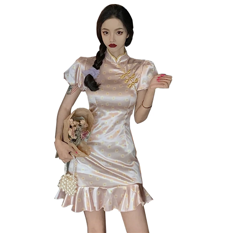 

2022 chinese style improved sexy cheongsam dress lantern sleeve bodycon retro party dress ruffle design satin qipao dress