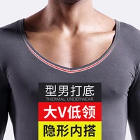 autumn and winter thin bottoming shirt mens big v low collar long sleeve bottom blous modal warm tight autumn clothing