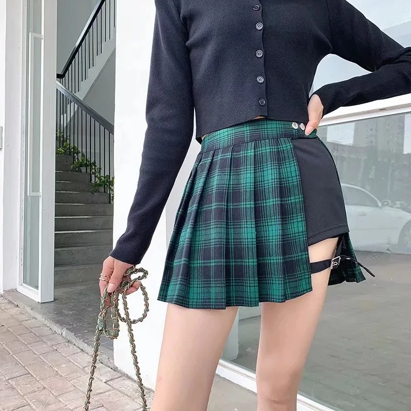 

Summer Women Harajuku Shorts Skirts Gothic Punk Green Plaid Pleated Skirts High Waist Female Fashion Short Skirts