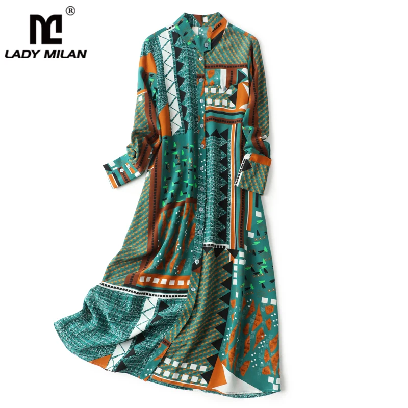 

100% Natural Silk Women's Dresses O Neck Long Sleeves Printed Single Breasted Fashion Mid Autumn Dress Vestidos