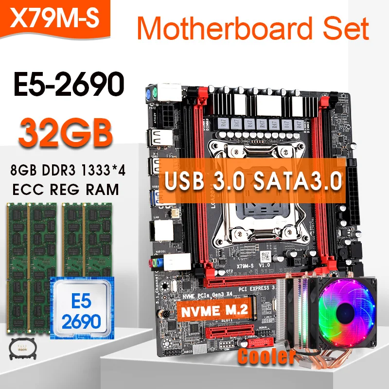 X79M-S Combo X79 комплект материнской платы E5 2690 CPU 4x8 ГБ = 32 Гб DDR3 1333 МГц ECC REC кулера SATA3.0