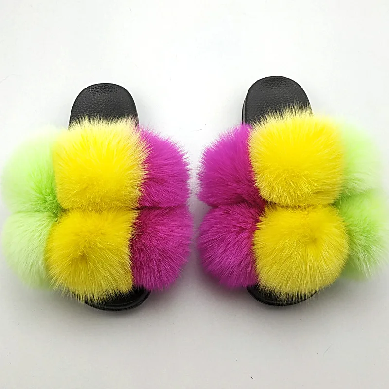 

Summer Women Slippers Faux Fur Slides For Women Fluffy Slippers House Female Shoes Woman Slippers With Fur Pom Pon Furry Slides