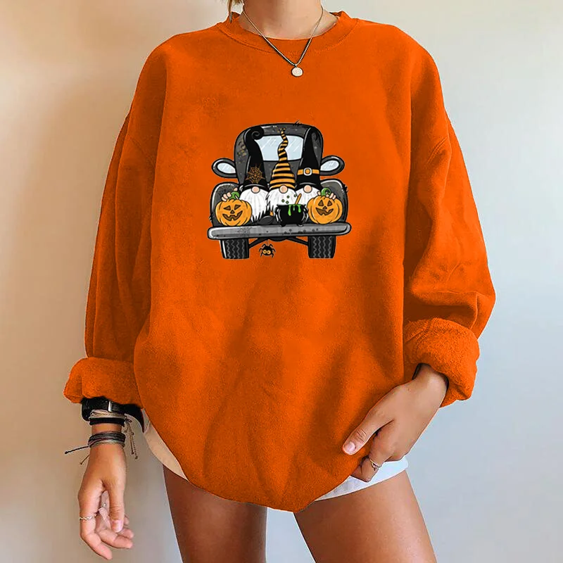 

Seeyoushy Funny Pumpkin Car Printing Sweatshirt Women Holloween Crewneck Drop-shoulder Long Sleeve Casual Sudaderas Top Fashion