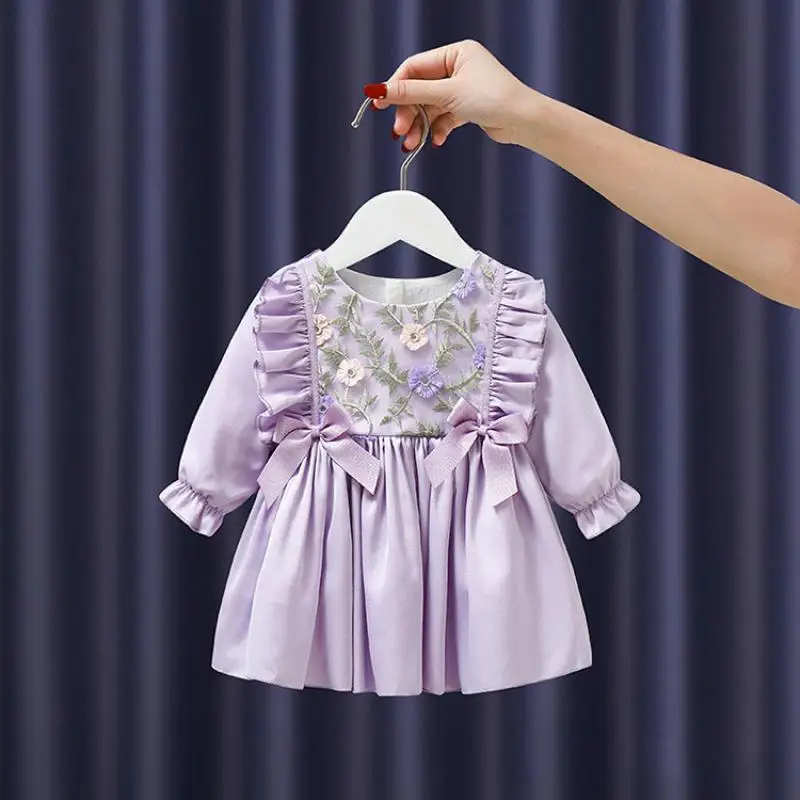 

2Pcs Baby Princess Flowers Dress Toddler Girl 1st Birthday Party Outfits Infant Korean Vintage Purple Dresses Newborn Vestidos