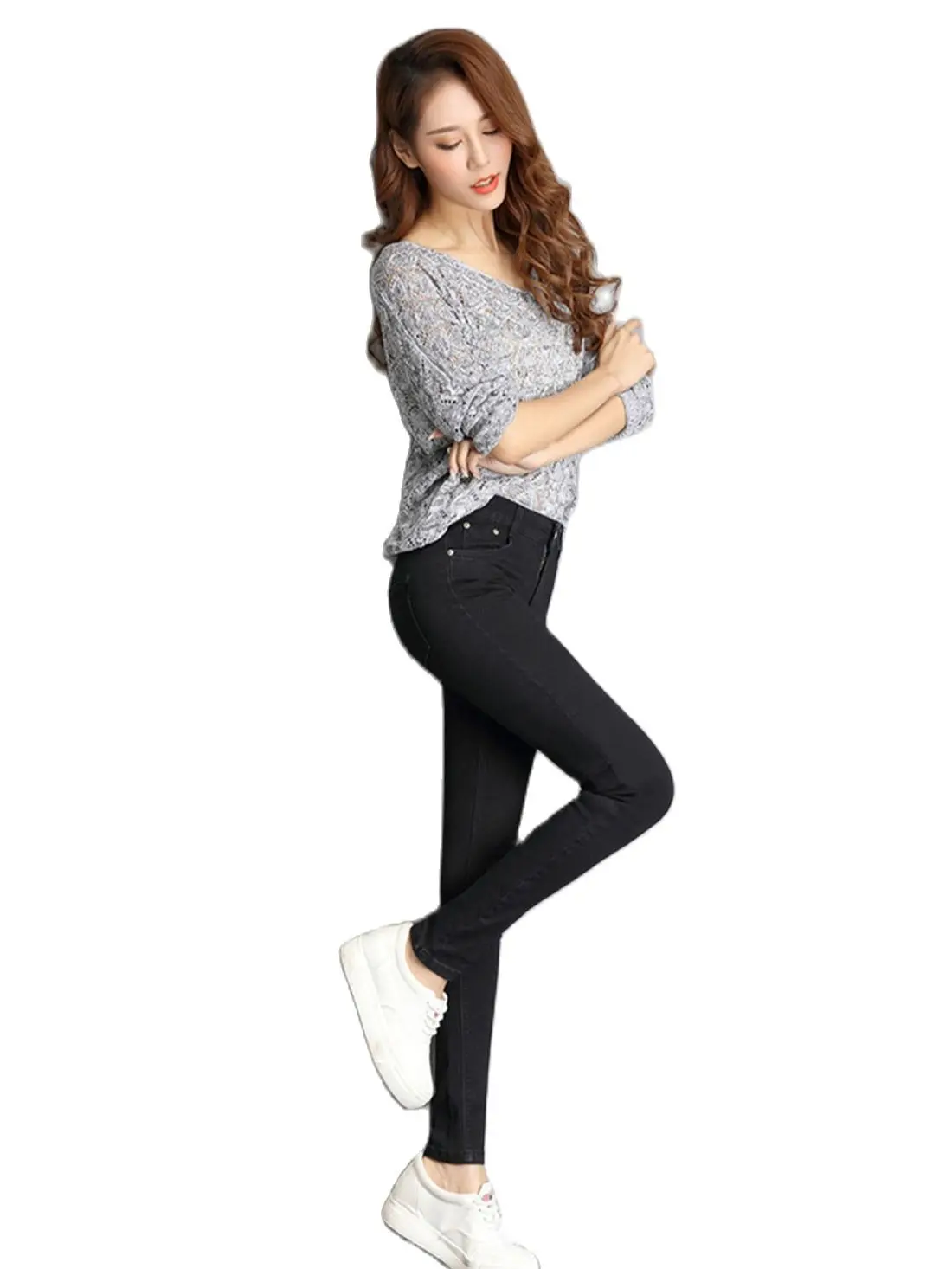 

Джинсы женские эластичные полной длины, узкие брюки-карандаш с эффектом потертости, большие размеры 40, синие Черные