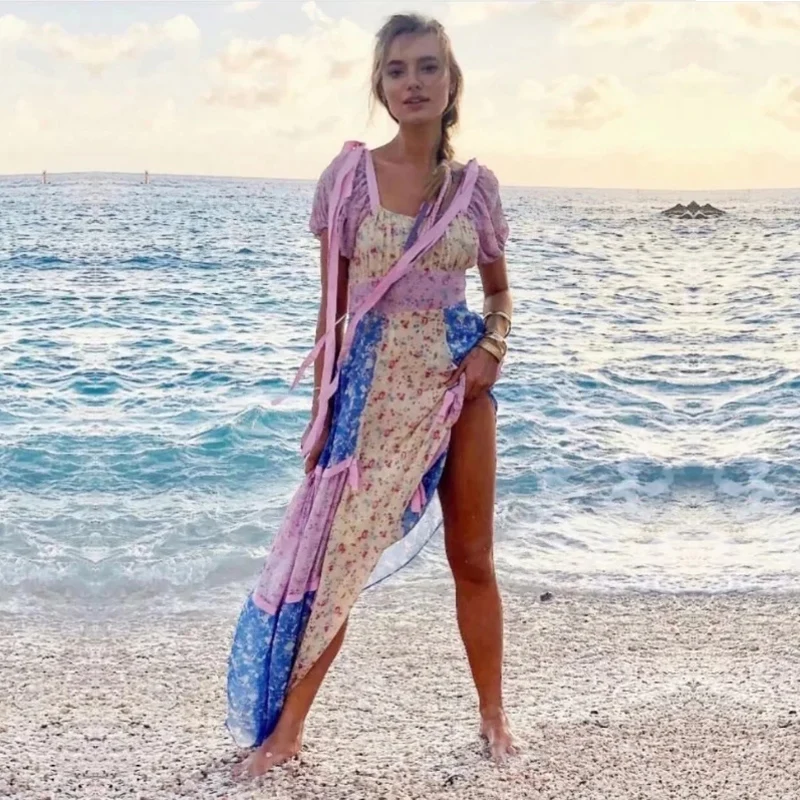 Bohemian Dress Women Color Matching Print Fairy Beach Maxi Dress Short Sleeve French Romantic Floral Holiday Elegant Long Dress
