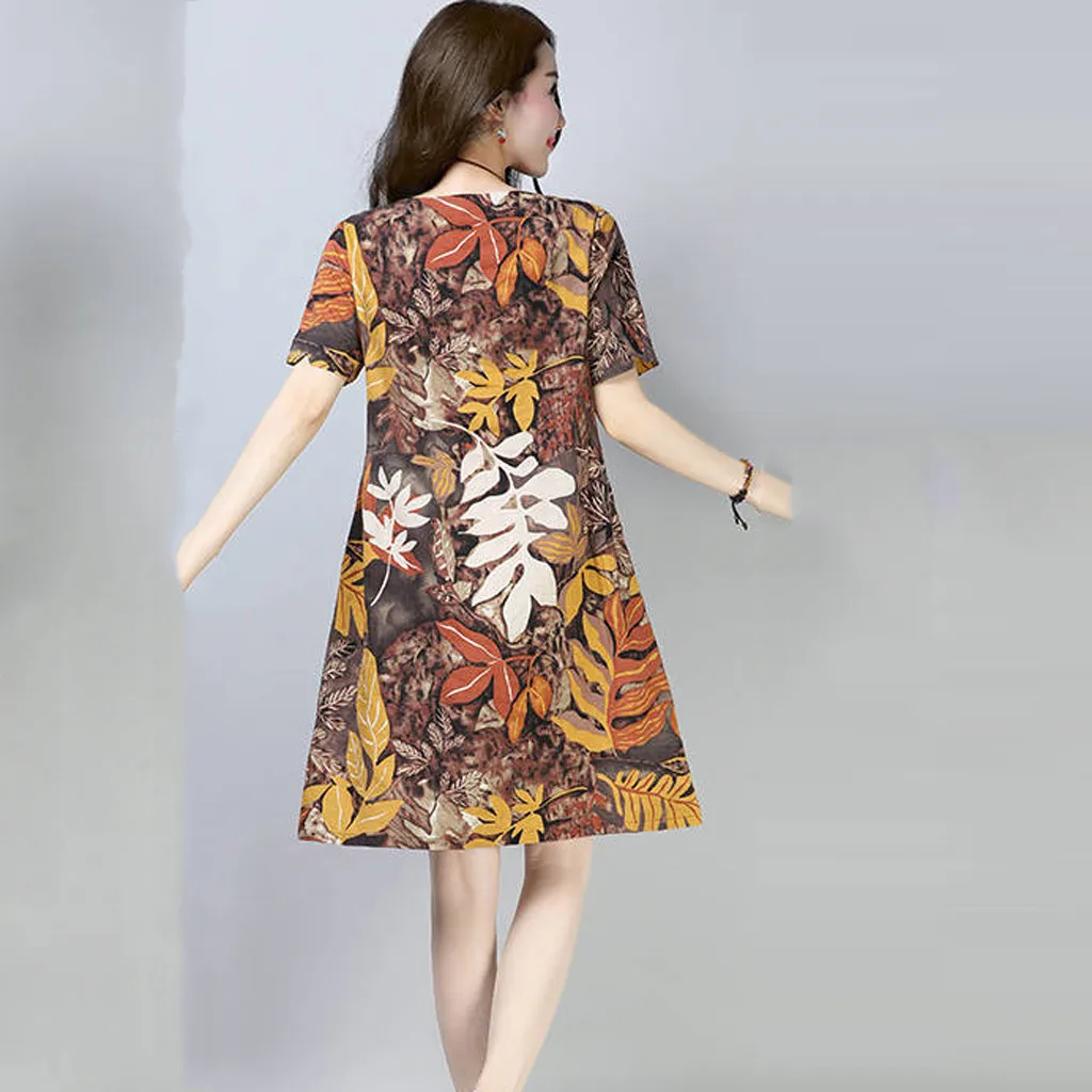 Летнее модное повседневное женское платье с круглым вырезом и коротким рукавом