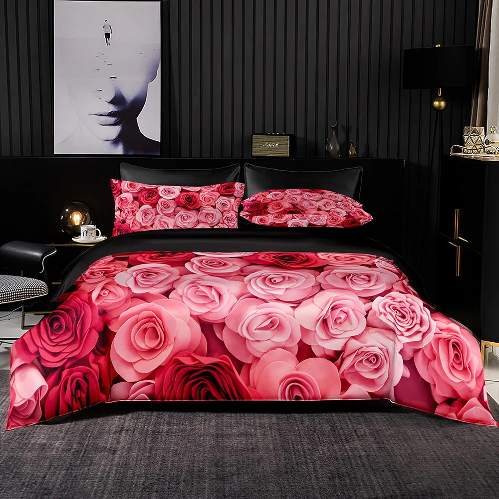 

Romantic Luxury Style Duvet Cover Set With Pillowcase,200x200 Quilt Cover,264x228 Blanket Cover,Pink Rose Pattern Bedding Set