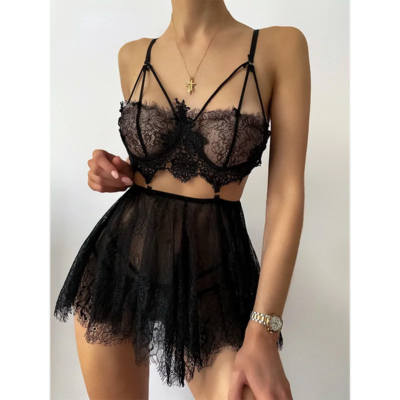 

Ladies Suit Sexy Lace Solid Color Micro-Elastic Knitted Suspender Skirt Loose Mesh-Like Sexy Solid Color Two-Piece Suit 2021 Ne'