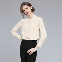 v neck blouse women full long sleeves blusas mujer de moda solid ivory bowtie tunique femme ol daily womens tops blusa mujer hot
