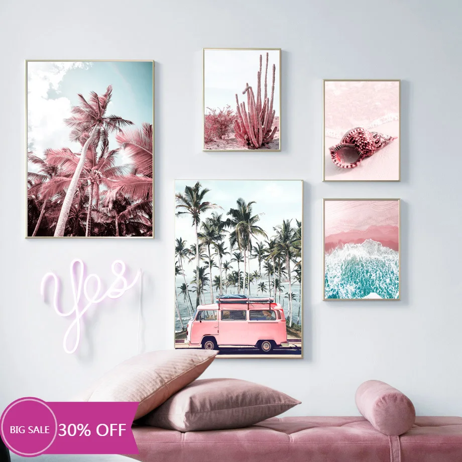 

Pink Bus Beach Sea Palm Tree Cactus Conch Nordic Posters and Murals Prints Living Room Decoration Canvas Painting
