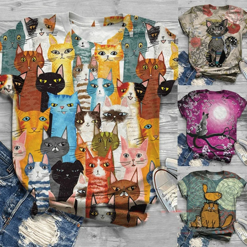 

Summer New Women's Cute Cat 3D Printing T-shirt O-neck Fashion Casual Streetwear Girl Plus Size Loose Top Hot Sale in 2021