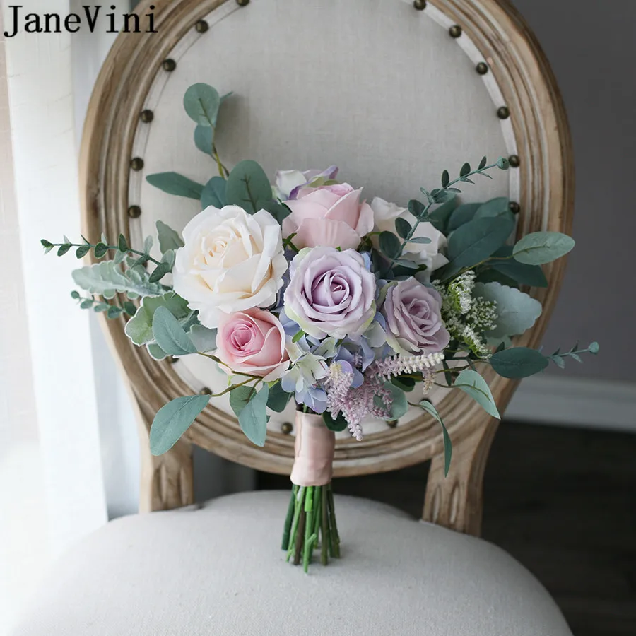 

JaneVini Romantic Light Pink Purple Bridal Bouquets Artificial Roses flores rosa Silk Flowers Wedding Bouquet Bridesmaid Flower