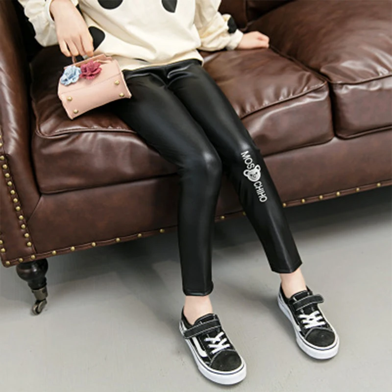 Зимние детские леггинсы из искусственной кожи брюки теплые для девочек с героями