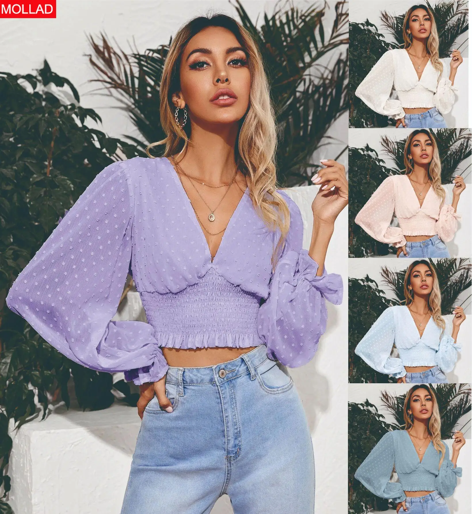 

Женская шифоновая рубашка в горошек, Элегантная короткая блузка с длинным рукавом и V-образным вырезом, осень 2021