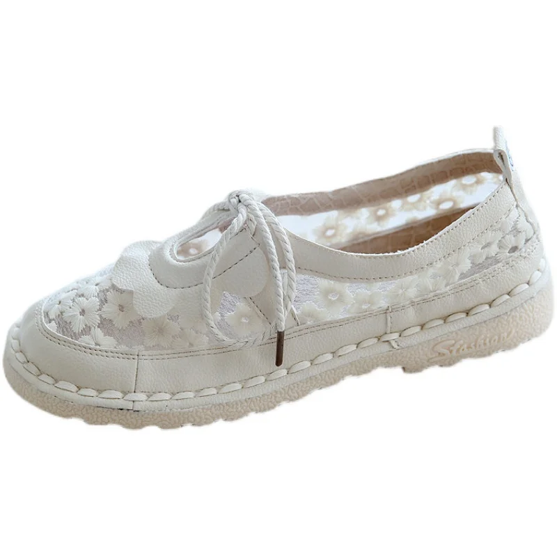 Careaymade-Summer round sandals low top casual lace breathable student shoes shallow mouth soft sole handmade women's shoes