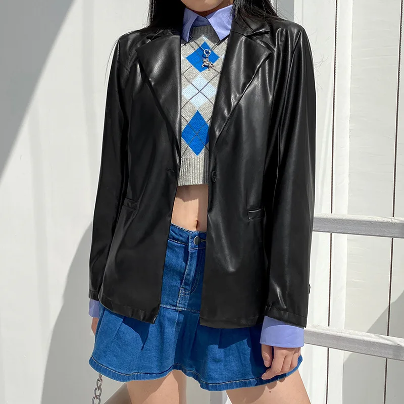 

Vintage 90s Outfits Black PU Women Leather Jacket Autumn Coat Streetwear Thin Women Jacket Y2k Esthetic Gothic 2021 Spring