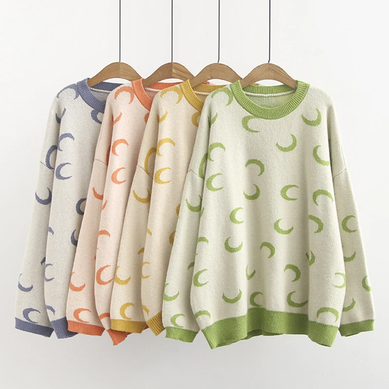 

Large Size Women's Clothing 2019 Autumn New Moon Pullover Slim Sweater Casual Round Collar Tops Plus Size Sweaters Pullovers