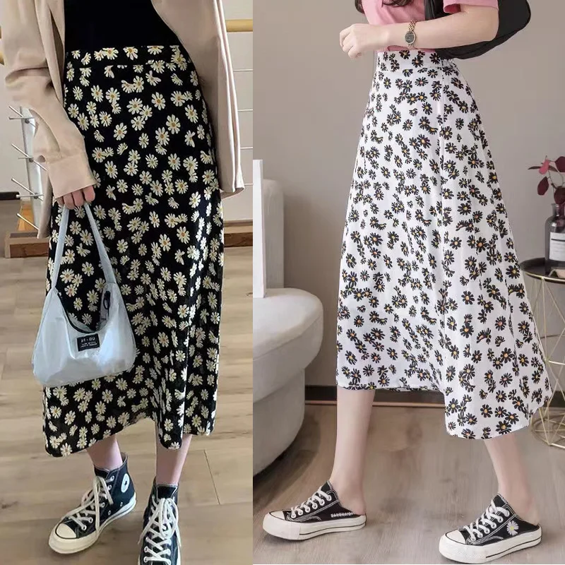 

Summer Skirts Womens 2021 New Vintage Floral Print Chiffon Pleated Skirt Elastic High Waist Casual Midi Skirt Women Clothes Jupe