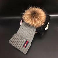 2021 brand winter hat knitted beanie women hat real raccoon fur pompom hat for female kids warm stretchy hat for women