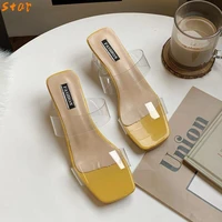 transparent high heels women square toe sandals summer shoes woman clear high pumps wedding jelly buty damskie heels slippers