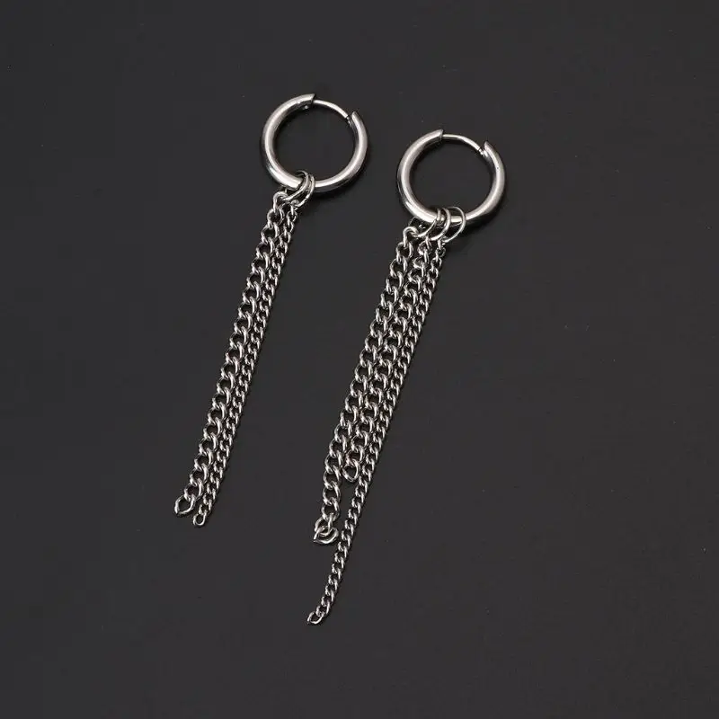 

R58E Korean Jewelry Titanium Steel Earrings Long Men Boys Hoop Chain Drop Earrings