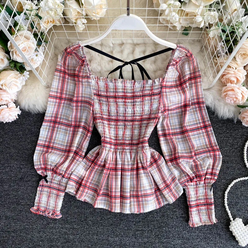 Женские топы с пышными рукавами новинка 2020 Женская клетчатая блузка эластичным
