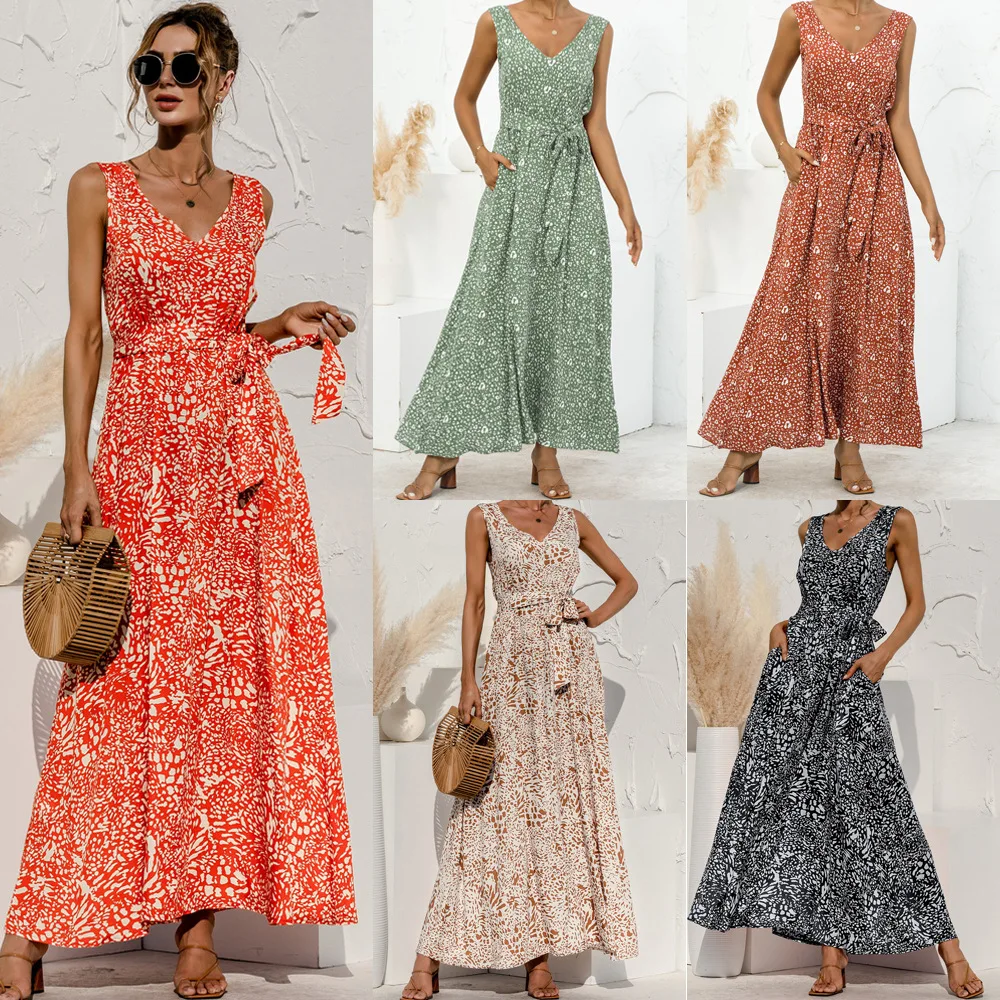 

2022 spring and summer leopard print tie V-neck lace dress