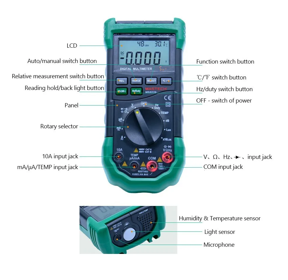 Mastech MS8229 5 в 1 автоматический Диапазон Цифровой мультиметр Многофункциональный Lux Уровень звука температура влажность тестер метр