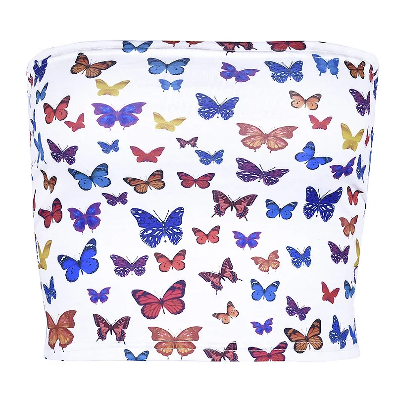 

The new printed strapless T-shirt vest female butterfly