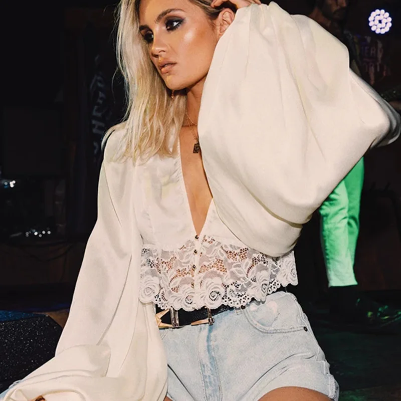 Artsu Сексуальная кружевная атласная блузка с глубоким v образным вырезом Женские