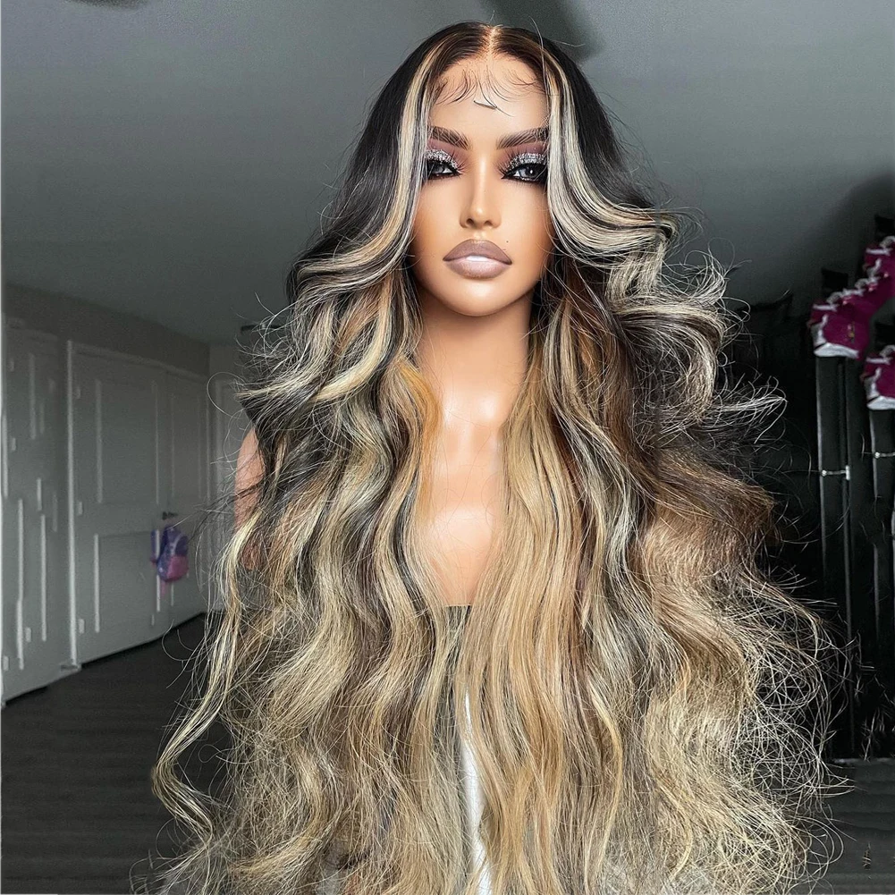 

Ash Blonde Highlights Full Lace Wig for Women Black Roots Ombre Human Hair Wig Long Wavy 13x6 Lace Front Wig Pre Plucked 180%