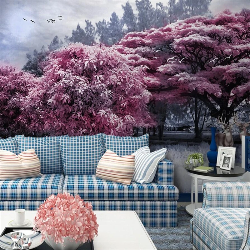 wellyu Customized large mural wallpaper 3d beautiful pink forest big tree landscape fashion home decoration painting | Обустройство