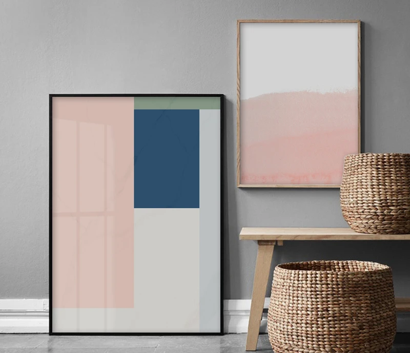 

Nordic Style Coral Pink and Blue Geometric Poster Abstract Canvas Painting Wall Art Picture for Modern Home Cuadros Decoration