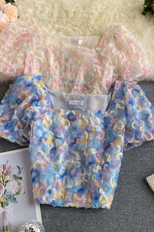 

ZOSOL Oil Painting Rainbow Top Elegant Square Collar French Bubble Short Sleeve High Waist ShortThree-dimensional Flower Shirt