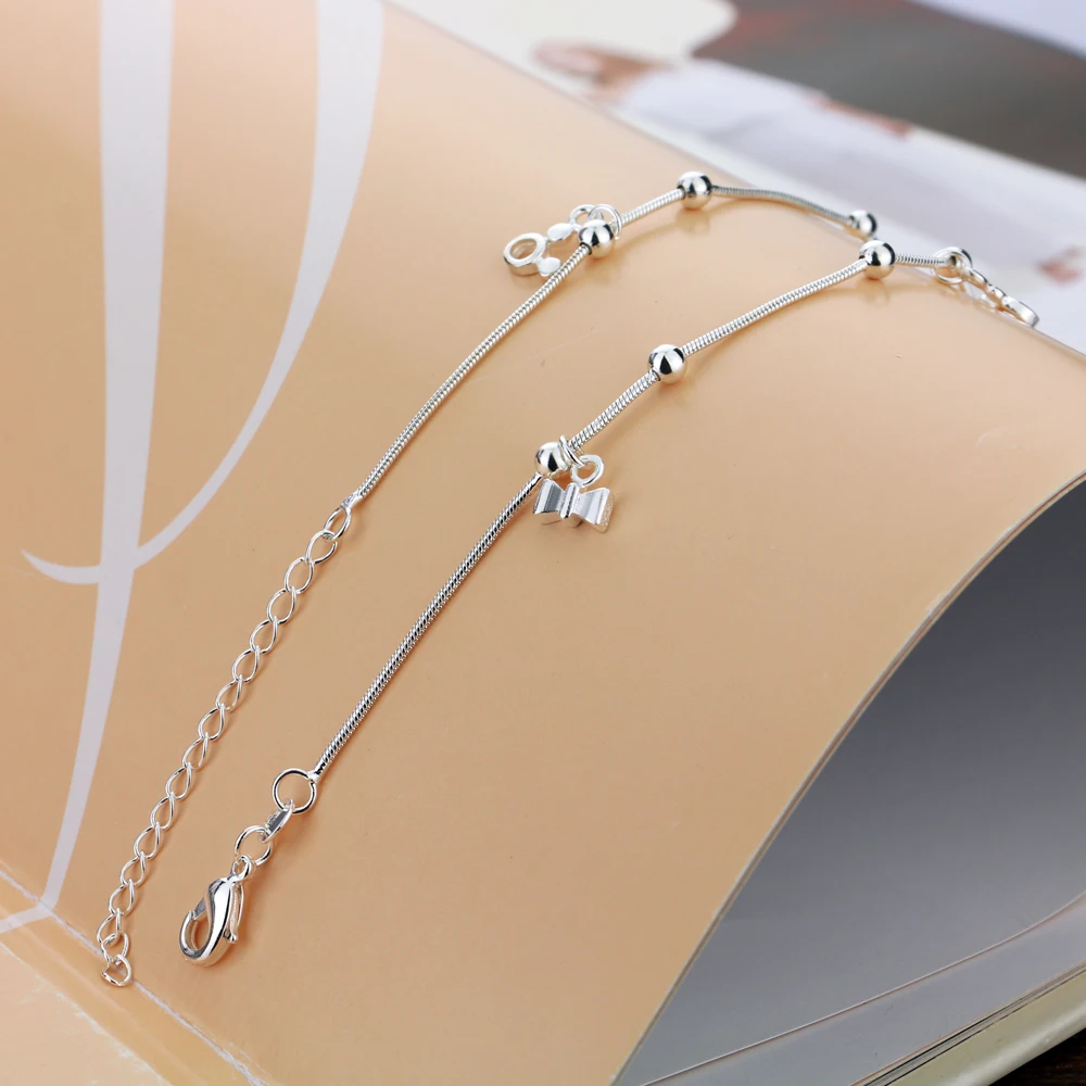 Женские 925 ножные браслеты из стерлингового серебра с прелестным бантом кулон
