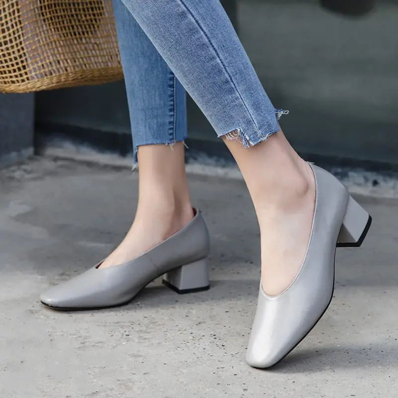 

KemeKiss Real Leather Square Toe Women Pumps Solid Color Shallow Party Shoes Women Casual Soft Sole Female Footwear Size 34-39
