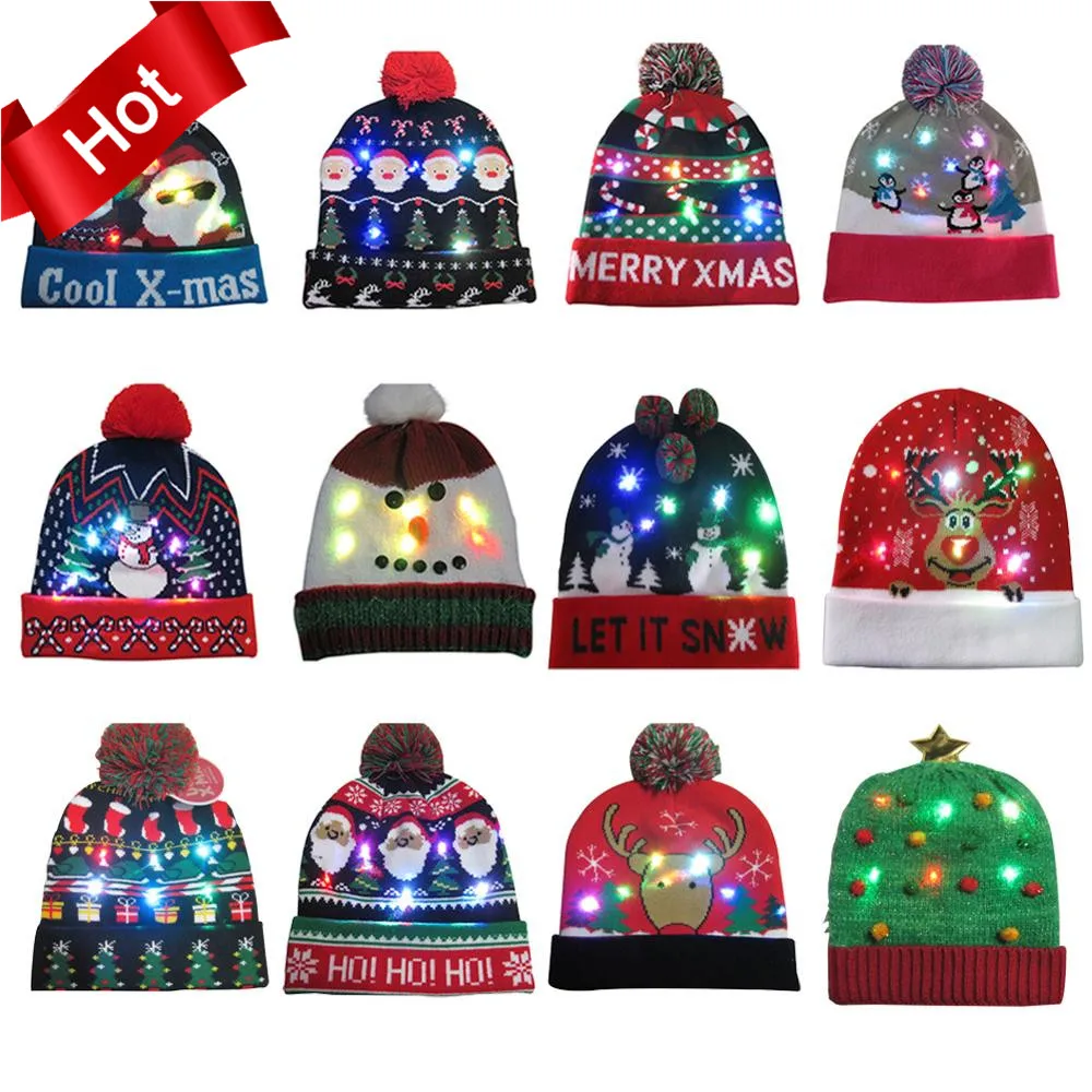 

2020 42 Designs LED Christmas Hats Beanie Sweater Christmas Santa Hat Light Up Knitted Hat for Kid Adult For Christmas Party