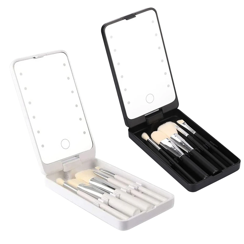

2X LED Makeup Mirror Makeup Mirror Travel Mirror Stroage Box Makeup Organizer Mirror Box With Full Set Brushes - A & B