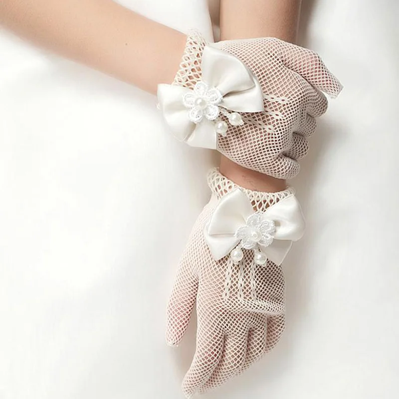 

Girls Princess Gloves Kids Lace Pearl Mesh Bow Gloves Birthday Party Decoration Gloves Mittens Ceremony Wedding Accessories Gift