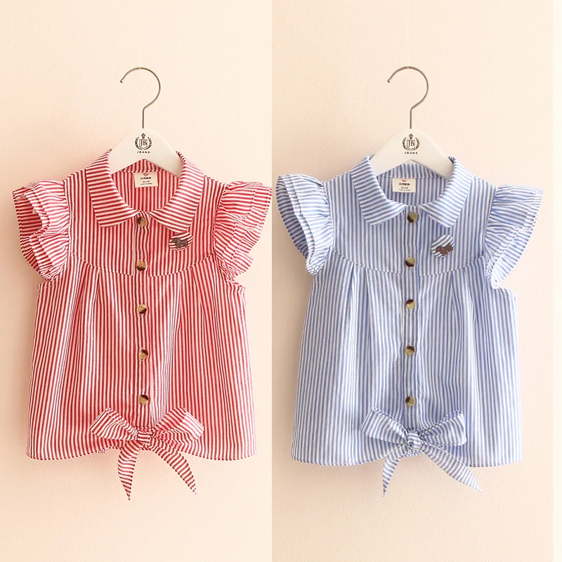 

2021 Hot Summer Cute Girls Birthday Clothing Stripe Butterfly Sleeve Striped Dog Botton Kids Girl Short Fly Sleeve Blouse Shirt
