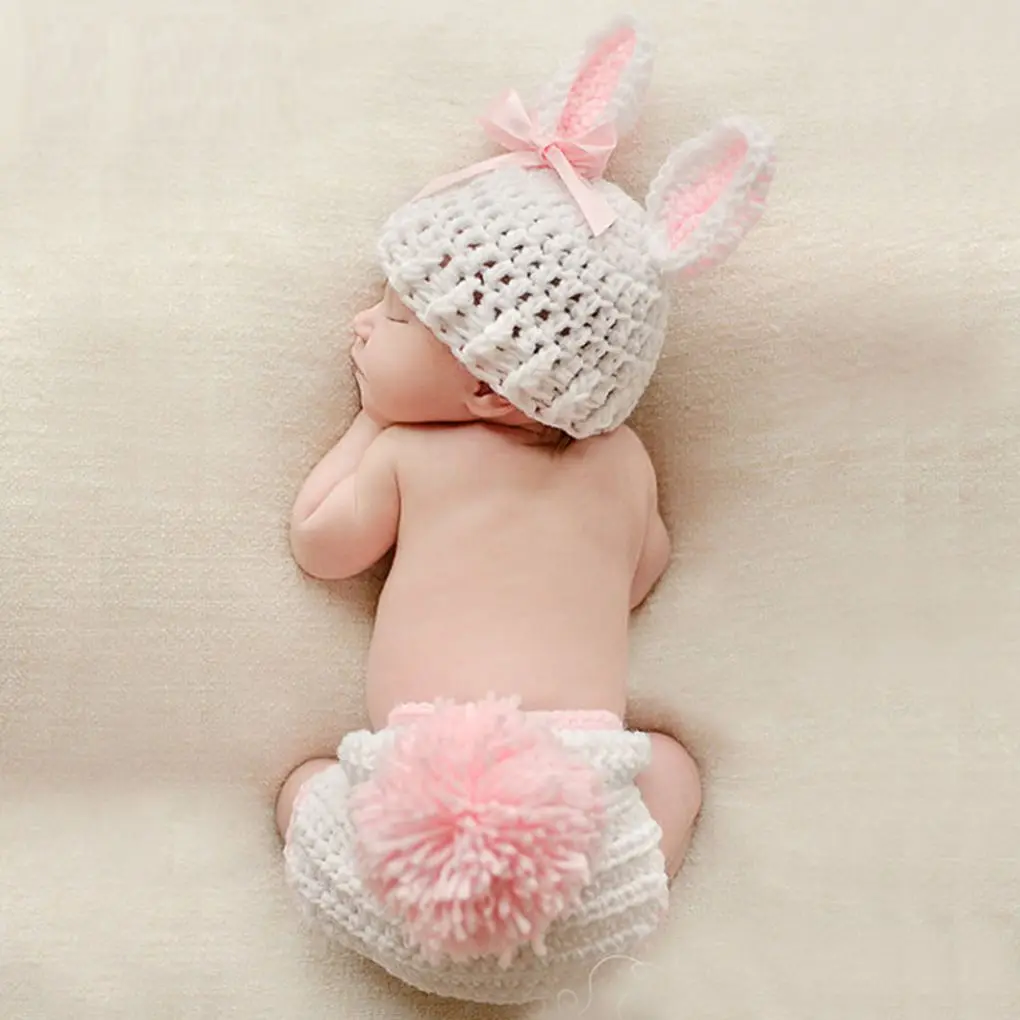Newborns Props Photography Crochet Baby Hat Rabbit Handmade Bonnet Infant Newborn Studio Photo Session Prop | Детская одежда и
