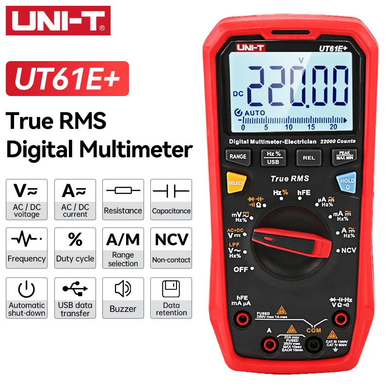 UNI-T UT61E+ Digital Multimeter AC/DC Ammeter Volt Ohm Tester Multimeter with Thermocouple LCD Backlight Portable