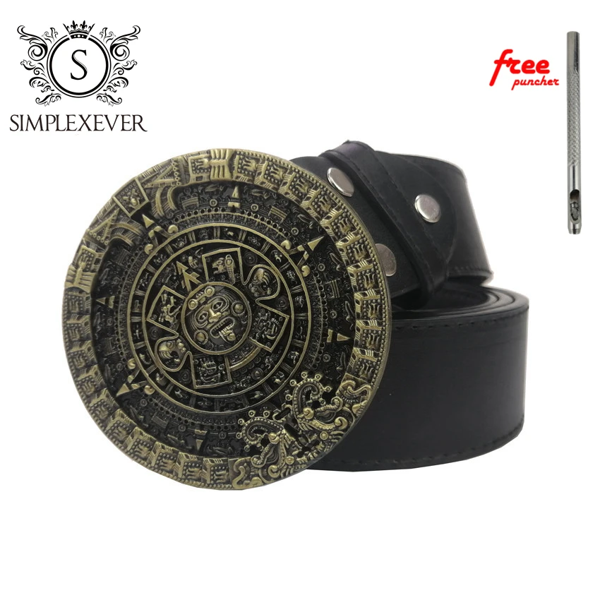 

Leather Belts with Aztec Calendar Round Belt Buckles Woman Cowboy Solid Brass Belt Buckles Fit 38mm Wide Belt