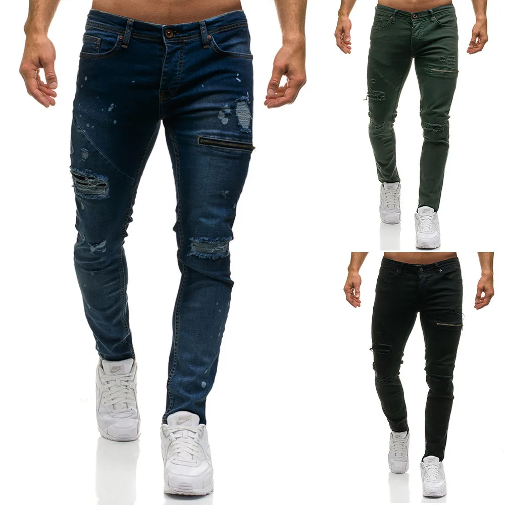 

SKU: 3407 men's new hole zipper decoration jeans trousers men leisure cowboy pants