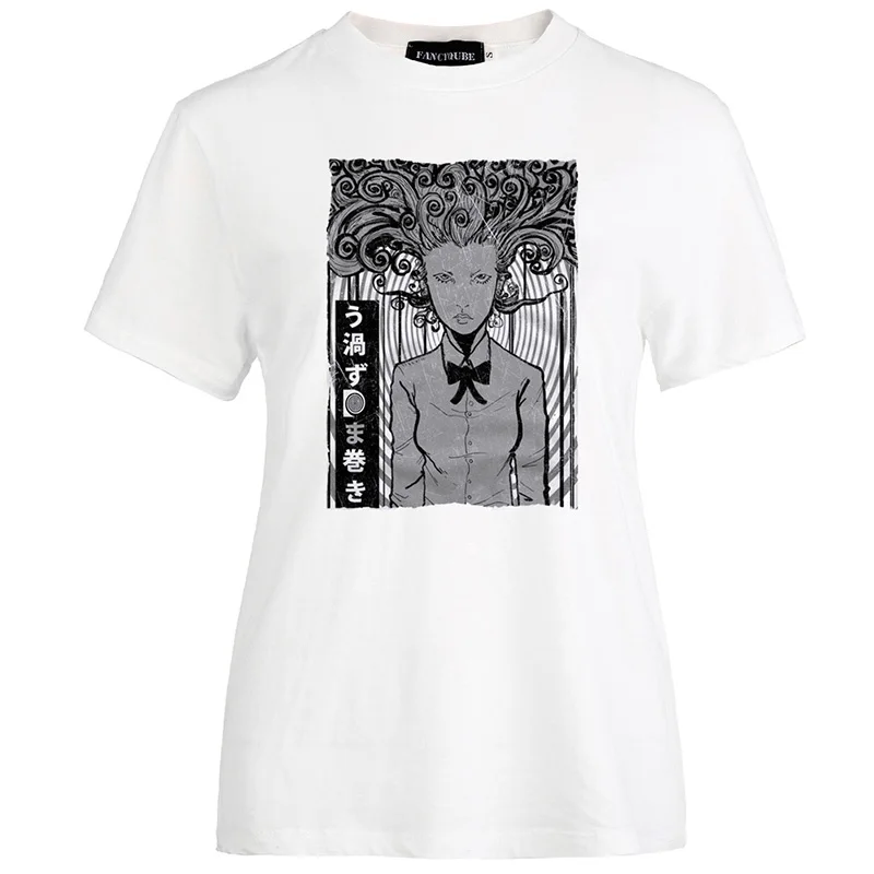 W21182WT Аниме Tomie Junji Ito тройник женский ужас манга короткий рукав o-образным вырезом Топы аниме Гуро Япония Jap o-образным вырезом Футболка Homme - Цвет: W21182WT