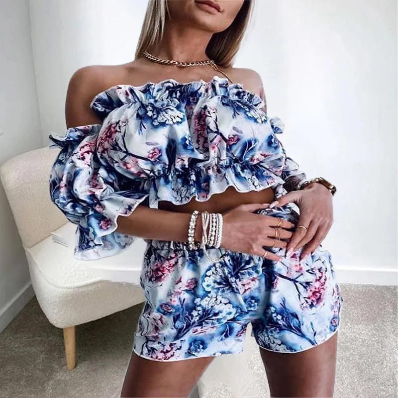 

Women 2021 Summer Two Pcs Bohemian Print Floral Sexy Off Shoulder Short Set Female Fashion Short Sleeve Ruffles Holiday Outfits