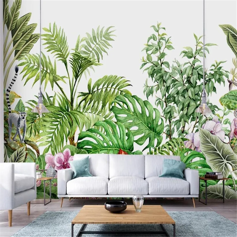 

Milofi custom large wallpaper mural hand-painted small fresh tropical plants flowers and birds background wall decorative painti