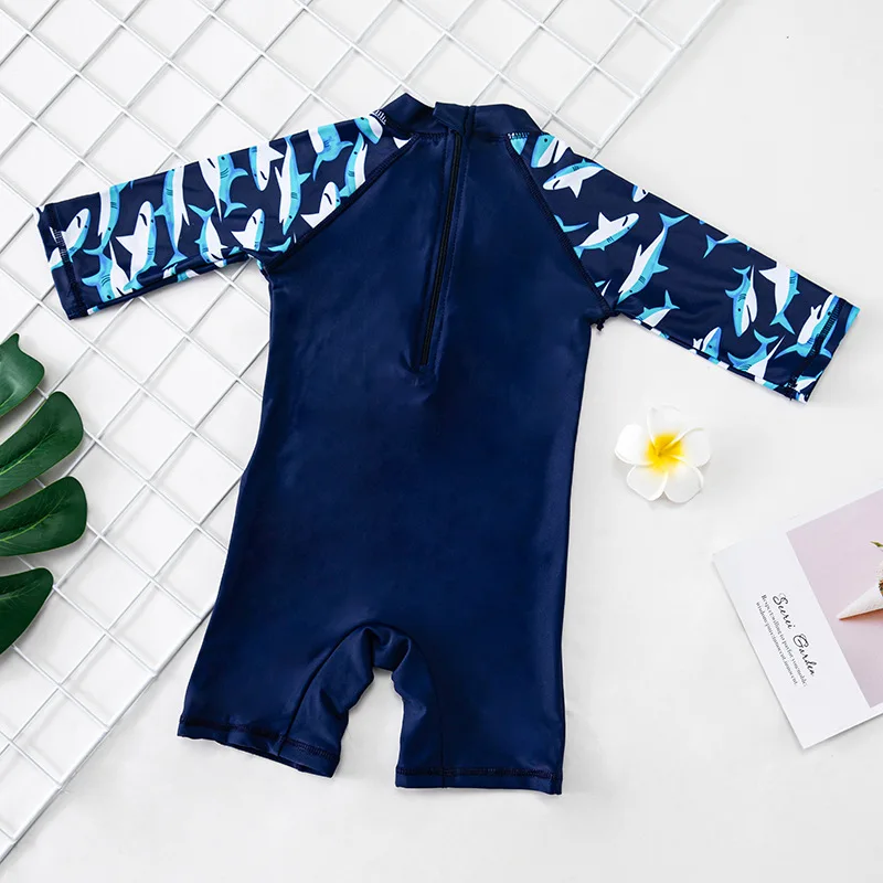 Swimsuit Boy Shark Print Swimming Bathing Suit Boy One Piece Summer Anti-UV Long Sleeve Children's Swimwear Beach Wear Kids